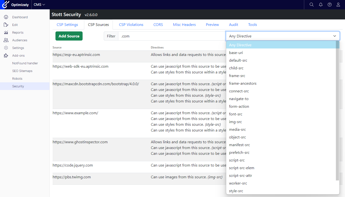 CSP Sources Tab in Stott Security