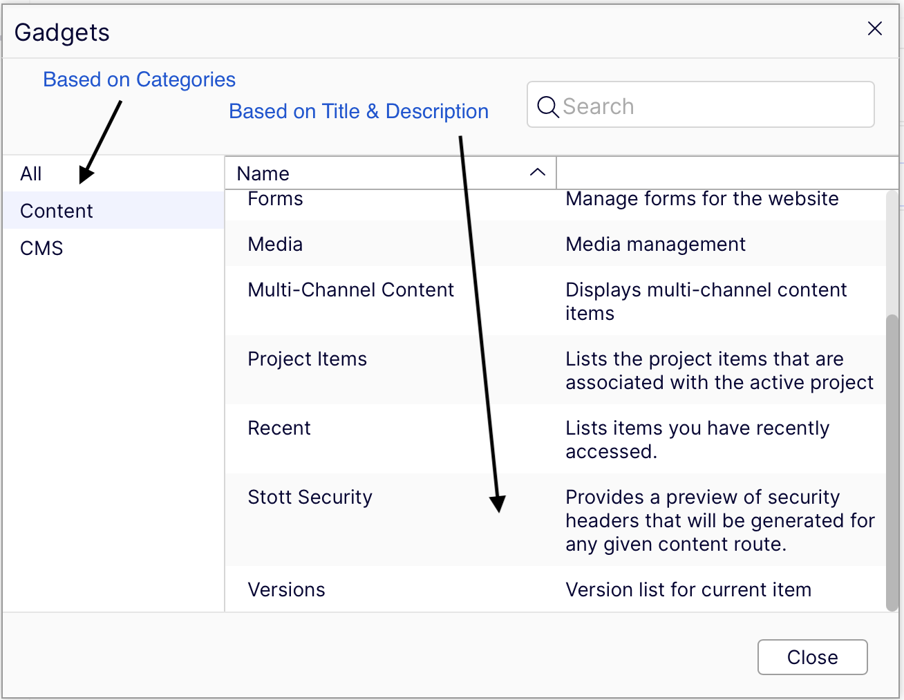 Gadget Selector in Optimizely CMS 12 Editor Interface